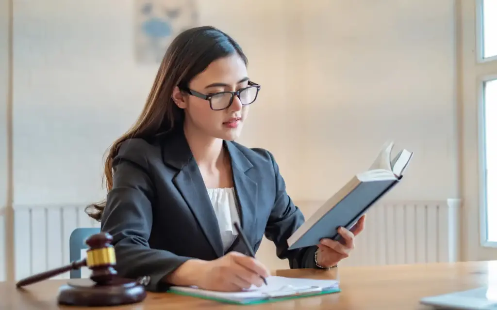 Female lawyer reading and taking notes